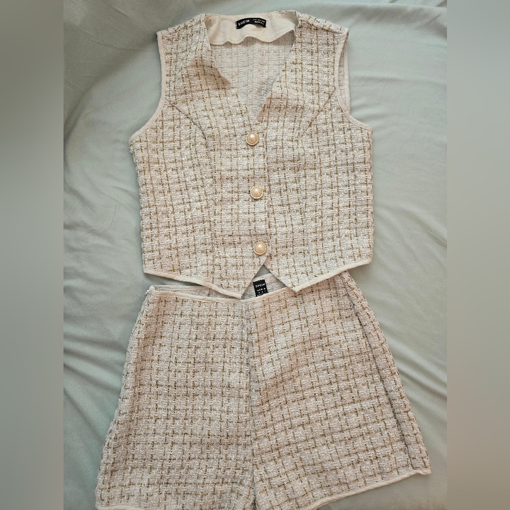 Shein Cream Tweed Vest and Shorts Set
